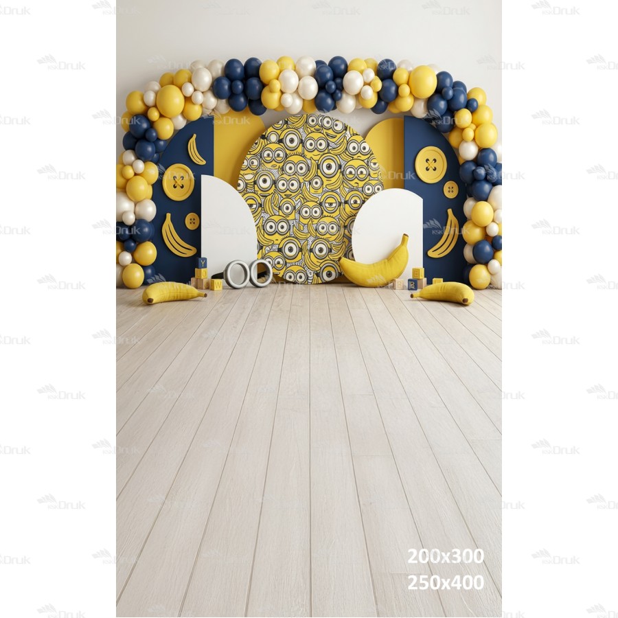 Tło fotograficzne „Banana Minion Party – niebiesko-żółta aranżacja dziecięca” | UB_816
